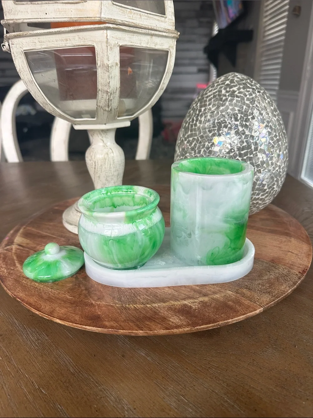 Marbleized Green resin Vanity Set with Tray